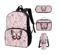 COEQINE Zaino per bambini Ragazze Ragazzi Cool Cartoon Cars Zaino Scuola Set per Bambini Lunch Box Astuccio Astuccio Bottiglia Portatile, Fiori Farfalla Rosa