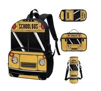 COEQINE Zaino per bambini Ragazze Ragazzi Cool Cartoon Cars Zaino Scuola Set per Bambini Lunch Box Astuccio Astuccio Bottiglia Portatile, Macchine Scuolabus Giallo