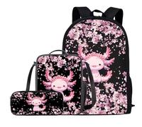 COEQINE Zaino per bambini, set di 3 pezzi, include borsa per il pranzo, astuccio per la scuola, borsa per libri, borsa casual, zaino da viaggio, capacità all'aperto, Axolotl Rosa Cherry Blossom