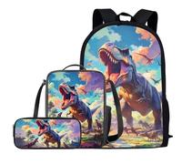 COEQINE Zaino per bambini, set di 3 pezzi, include borsa per il pranzo, astuccio per la scuola, borsa per libri, borsa casual, zaino da viaggio, capacità all'aperto, Dinosauro artistico, Taglia unica