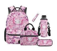 COEQINE Zaino per ragazza con portapranzo, set da 5 pezzi, borsa per laptop, libro, astuccio portamatite, porta bottiglia d'acqua, portachiavi per elementare, 43 cm, Axolotl Nuvola Rosa Fiori Di Cilie