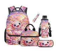 COEQINE Zaino per ragazza con portapranzo, set da 5 pezzi, borsa per laptop, libro, astuccio portamatite, porta bottiglia d'acqua, portachiavi per elementare, 43 cm, Axolotl - Gelato arcobaleno carino