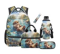 COEQINE Zaino per ragazza con portapranzo, set da 5 pezzi, borsa per laptop, libro, astuccio portamatite, porta bottiglia d'acqua, portachiavi per elementare, 43 cm, Natura Lago Blu Lontra