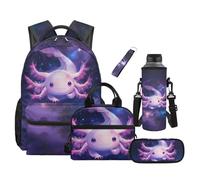COEQINE Zaino per ragazza con portapranzo, set da 5 pezzi, borsa per laptop, libro, astuccio portamatite, porta bottiglia d'acqua, portachiavi per elementare, 43 cm, Axolotl Spazio Viola