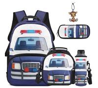 COEQINE Zaino per ragazzi 8-12 bambini borse scuola per 4-12 elementari con astuccio portachiavi portabottiglie d'acqua Bookbag, Galassia Auto Polizia Blu