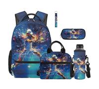 COEQINE Zaino per ragazzi con portapranzo, borsa per laptop per scuola elementare, media, superiore, bottiglia d'acqua, custodia per penna portachiavi, Cosmo stellato blu tennis