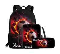 COEQINE Zaino per ragazzi con portapranzo e astuccio, per viaggi, escursioni, scuola di prima elementare, regalo per bambini, per il rientro a scuola, 3 pezzi, Gioco di calcio con il tuo nome