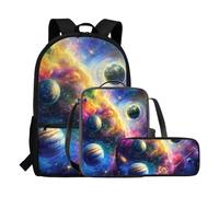 COEQINE Zaino per ragazzi con portapranzo e astuccio, per viaggi, escursioni, scuola di prima elementare, regalo per bambini, per il rientro a scuola, 3 pezzi, Pianeta spaziale