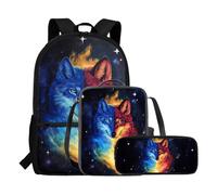 COEQINE Zaino per ragazzi con scatola per il pranzo, borsa per libri di grande capacità per scuola università 6 8 10 12 14 regali per il ritorno a scuola, Lupo fresco con blu e fuoco