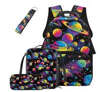 COEQINE Zaino per ragazzi dai 6 ai 18 anni, 4 pezzi, borsa per la scuola prescolare, scatola per il pranzo e scatola per matite, zaino portachiavi, regali per il rientro a scuola, Palla spaziale