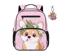 COEQINE Zaino scolastico per bambine e ragazze, borsa per libri scolastici per bambini, borsa per pannolini con portachiavi, 34,2 cm, Corgi Floreale
