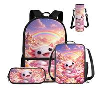COEQINE Zaino scolastico per ragazze, 4 pezzi, zaino per ragazze con portapranzo, astuccio per matite, set per adolescenti, scuola media, borsa per laptop, Axolotl Arancio Rosa Tramonto Arcobaleno, M