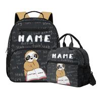 COEQINE Zaino scolastico per ragazze con scatola per il pranzo asilo personalizzato borsa per la scuola elementare prescolare borsa per pannolini, Bradipo nero lettura parole, M, Designer