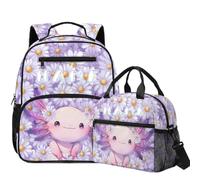 COEQINE Zaino scolastico per ragazze con scatola per il pranzo asilo personalizzato borsa per la scuola elementare prescolare borsa per pannolini, Axolotl Viola Margherita Floreale, M, Designer