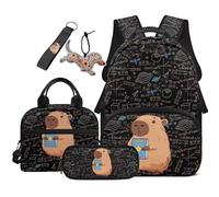 COEQINE Zaino scolastico per ragazze e bambini, set di borse per laptop di 1 ° grado con astuccio portapranzo portachiavi, 5 pezzi, Capibara Studiare Nero