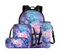 COEQINE Zaino scolastico per ragazze elementari con portapranzo e astuccio per matite, set di 4 per ragazzi e computer portatili, Axolotl Lavanda Rosa Nuvola, M, Casual