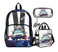 COEQINE Zaino trasparente da 4 pezzi per ragazzi 8-12 bambini borsa per libri scolastici con astuccio in PVC grande scatola per il pranzo Bookbag portachiavi, Galassia della Polizia Auto