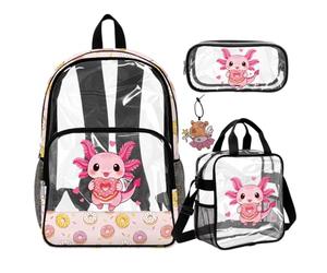 COEQINE Zaino trasparente per la scuola con portapranzo grande borsa per libri per scuola media, astuccio trasparente per adolescenti, Axolotl Ciambelle Rosa Calore
