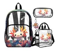 COEQINE Zaino trasparente per ragazze con borsa per il pranzo resistente per bambini con astuccio trasparente con portachiavi 4 pezzi, Axolotl Simpatico animale oceano