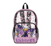 COEQINE Zaino trasparente per ragazze, resistente, per la scuola, per bambini, con nome, 43,5 x 36 x 18 cm, Nome del Custome Viola Farfalla