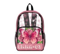 COEQINE Zaino trasparente per ragazze, resistente, per la scuola, per bambini, con nome, 43,5 x 36 x 18 cm, Nome Custome Floreale Vintage Farfalla Rosa