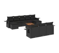 Coespram Set di mobili da giardino in polyrattan, 11 pezzi, colore nero | Set modulare per terrazze con ripiani pieghevoli sul bracciolo e un tavolino da caffè con piano in legno di acacia.