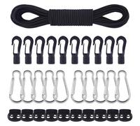 COEWUR 20 M Corda Elastica 5mm Tenditore Elastico Nero Elastico in Gomma Corde Elastiche con 10 Fermacorda a Molla 10 Gancio in Plastica 10 Moschettone per Teloni Tende Trasporto Lacci Zaino
