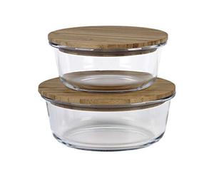 Cofan Set da 2 portapranzo rotondi di vetro borosilicato | Modello Bambù | Coperchio di bambù | Capacità: 620-950 ml