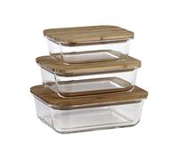 Cofan Set da 3 portapranzo rettangolari di vetro borosilicato | Modello Bambù | Coperchio di bambù | Capacità: 640-1040-1520 ml
