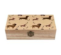 Cofanetto in legno con cane da caccia, bassotto, foglie e fiori, scatola dei ricordi con coperchio incernierato e chiusura frontale