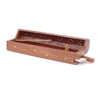 Cofanetto porta incenso tradizionale indiano, 30 cm, scatola di incenso in legno con deposito, intarsio floreale dorato in ottone, supporto bastoncini e coni di incenso