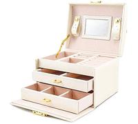 Cofanetto portagioie da donna, in pelle PU, con cassetti e valigetta per trucchi, elegante, da viaggio, con specchio (bianco)
