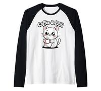 Coffee And Chill - Camicia Kawaii per Amanti dei Gatti, da Uomo, Donna, Ragazzi Maglia con Maniche Raglan