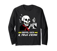 Coffee Cats & True Crime Funny Skull Cat Crime Show Lovers Maglia a Manica