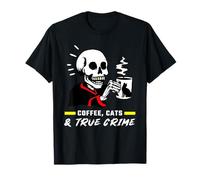 Coffee Cats & True Crime Funny Skull Cat Crime Show Lovers Maglietta