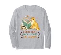 Coffee First Book Second Cat Always Reading Library Cat Love Maglia a Manica