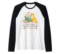 Coffee First Book Second Cat Always Reading Library Cat Love Maglia con Maniche Raglan