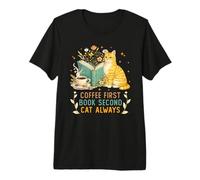Coffee First Book Second Cat Always Reading Library Cat Love Maglietta Premium