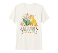 Coffee First Book Second Cat Always Reading Library Cat Love Maglietta Premium