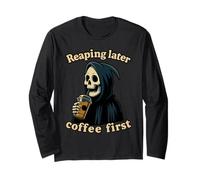 Coffee First Halloween Divertente Tristo Mietitore Amante della Caffeina Maglia a Manica