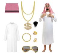 Coffee Life Plus Disfraz Jeque Arabe para Adulto,Disfraz Arabe Hombre,Conjunto Arabian Costume,Anillo, Collares, Barba, Pulsera, Gafas de sol, para Carnaval de Cosplay de Halloween (M)