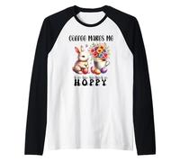 Coffee Makes Me Hoppy Easter Cute Bunny Drinking Coffee Cup Maglia con Maniche Raglan