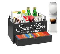 Coffee Station Organizer, Countertop Coffee Bar Storage Stand with Drawer, Wooden Tea Pod and Condiment Holder for Kitchen, Apartment, Breakroom, Syrup, Sugar, and Beverage Accessories