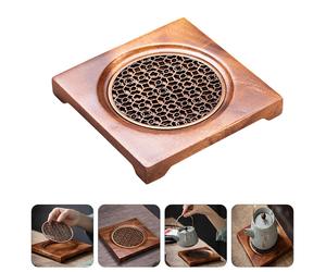 Coffee Wood Teapot Holder with Metal Tray Reusable Tea Coaster for Tea Table