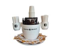 Coffee World, Tazzone artigianale con piatto in porcellana porta cialde, capsule, palette, zucchero, bicchierini da caffè, tazzone porta accessori da caffè, bicchierini, palettine e zucchero