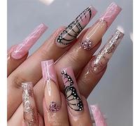 Coffin False Nails French Butterfly Press on Nails Pink Long Stick on Nails Ballerina Acrylic Fake Nails 24pcs for Women and Girls(Black,Variety Pack)