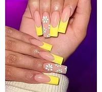 Coffin False Nails French Flower Press on Nails Ballerina Long Fake Nails Full Cover Stick on Nails 24pcs for Women and Girls