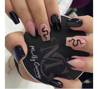 Coffin False Nails French Pink Fake Nails Black Snake Press on Nails Full Cover Stick on Nails 24pcs for Women and Girls
