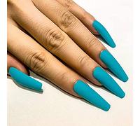 Coffin False Nails Long Fake Nails Ballerina Acrylic Press on Nails Pure Color Stick on Nails 24pcs for Women and Girls(Light blue)