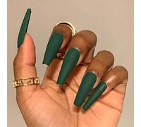 Coffin False Nails Long Fake Nails Ballerina Acrylic Press on Nails Pure Color Stick on Nails 24pcs for Women and Girls(Dark green)